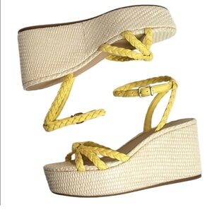 Antonio Melani Lorinna Yellow Leather Braided Ankle Strap Platform Wedge
